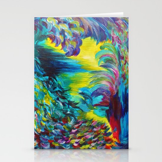 FLIGHT ON TAP - Whimsical Colorful Feathers Fountain Peacock Abstract Acrylic Painting Purple Teal Stationery Cards