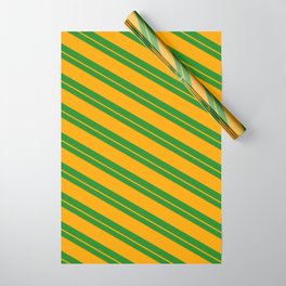 [ Thumbnail: Forest Green and Orange Colored Pattern of Stripes Wrapping Paper ]