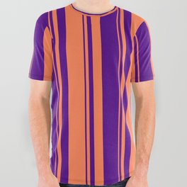 [ Thumbnail: Indigo and Coral Colored Lined Pattern All Over Graphic Tee ]