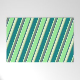 [ Thumbnail: Green, Grey, Teal & Light Yellow Colored Striped Pattern Welcome Mat ]