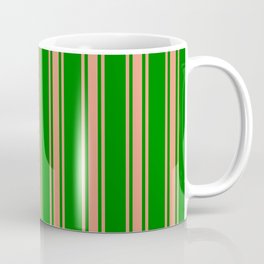 [ Thumbnail: Green and Dark Salmon Colored Lines/Stripes Pattern Coffee Mug ]