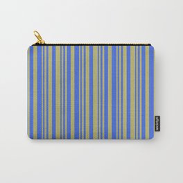 [ Thumbnail: Dark Khaki & Royal Blue Colored Striped Pattern Carry-All Pouch ]