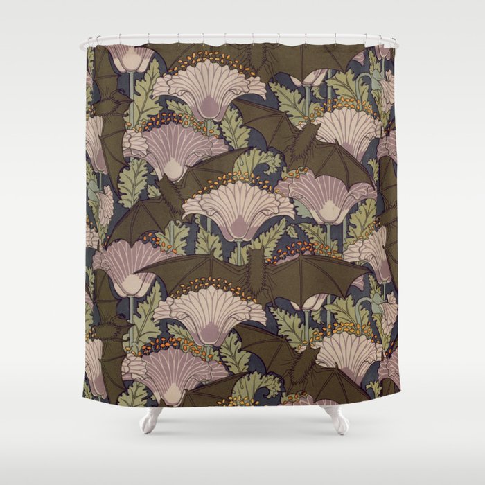 Vintage Art Deco Bat And Flowers Shower Curtain By