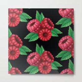 Three raspberries on a branch patern black background Metal Print