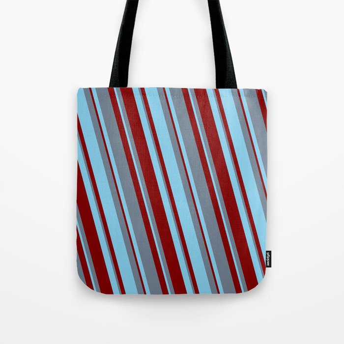 Slate Gray, Sky Blue & Maroon Colored Lined/Striped Pattern Tote Bag