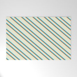 [ Thumbnail: Beige, Deep Sky Blue & Chocolate Colored Lines Pattern Welcome Mat ]