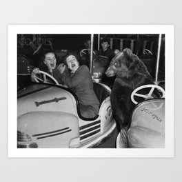 Bear with me; bear riding bumper cars scary women at carnival vintage black and white photograph - photography - photographs wall decor Art Print