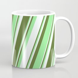 [ Thumbnail: Dark Olive Green, Light Green, and Mint Cream Colored Lines Pattern Coffee Mug ]