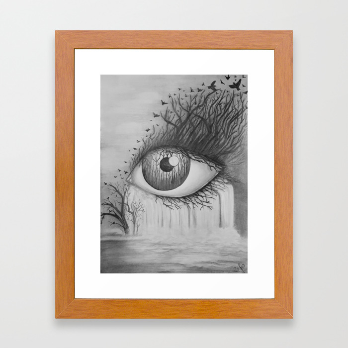 Eye with waterfall pencil drawing framed art print