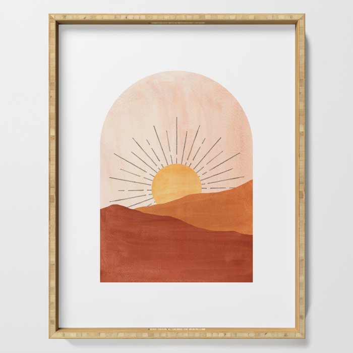 Abstract terracotta landscape, sun and desert, sunrise #1 Serving Tray