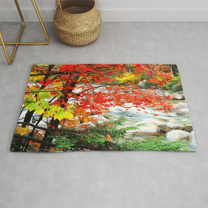 Majestic Autumn Trees in Forest With Rushing Stream Rug