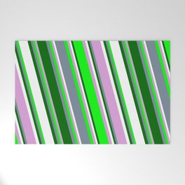 [ Thumbnail: Vibrant Plum, Lime, Light Slate Gray, Dark Green & White Colored Lines/Stripes Pattern Welcome Mat ]
