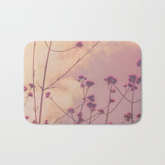 Vintage Pink Wildflowers with Dusty Purple Sky Background Bath Mat