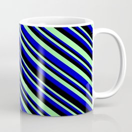 [ Thumbnail: Green, Blue & Black Colored Striped/Lined Pattern Coffee Mug ]