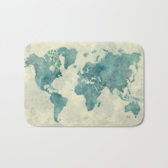 World Map Blue Vintage Bath Mat