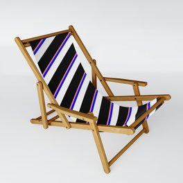 [ Thumbnail: Light Coral, Blue, White & Black Colored Striped Pattern Sling Chair ]