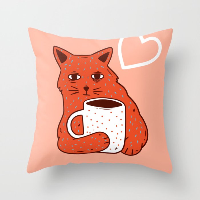 Peach Coffee Kitten Throw Pillow