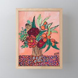Peony, Banksia, and Citrus Bouquet on Peach Orange Background Painting with Liberty Print Floral Tablecloth Framed Mini Art Print