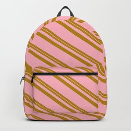 [ Thumbnail: Dark Goldenrod & Light Pink Colored Striped/Lined Pattern Backpack ]
