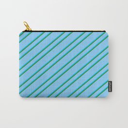 [ Thumbnail: Light Sky Blue, Deep Sky Blue, and Forest Green Colored Striped Pattern Carry-All Pouch ]