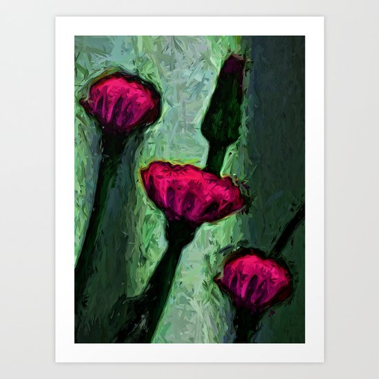 Hot Pink Dandelion Flowers with Grey Green Art Print