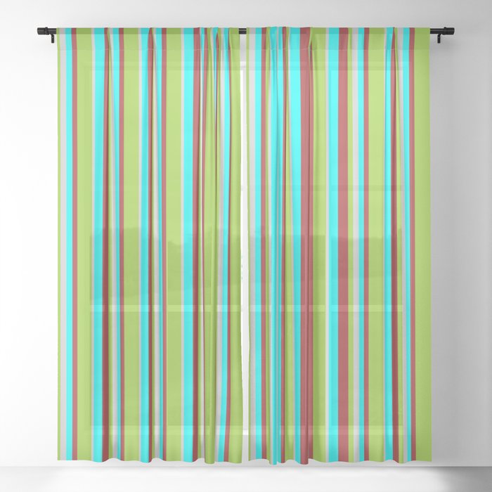 Aqua, Brown, Green & Light Grey Colored Striped Pattern Sheer Curtain