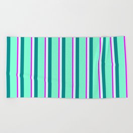 [ Thumbnail: Fuchsia, Light Cyan, Dark Cyan, and Aquamarine Colored Pattern of Stripes Beach Towel ]