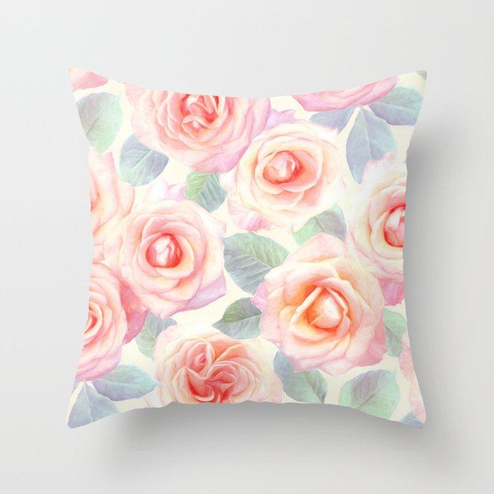 Faded Vintage Painted Roses Throw Pillow