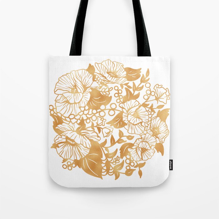 Gold Floral Poppy Circle Tote Bag
