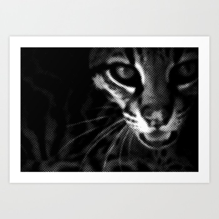 Wild Cat in Black and White Halftone | Pointillism Art Print