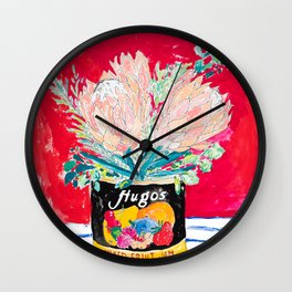 Protea Bouquet in Mixed Fruit Jam Tin Can Floral Still Life Painting on Pink and Red Wall Clock