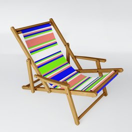 [ Thumbnail: Blue, Green, White, and Salmon Colored Lined Pattern Sling Chair ]