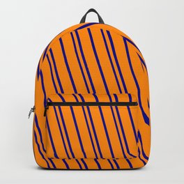 [ Thumbnail: Dark Orange & Dark Blue Colored Pattern of Stripes Backpack ]