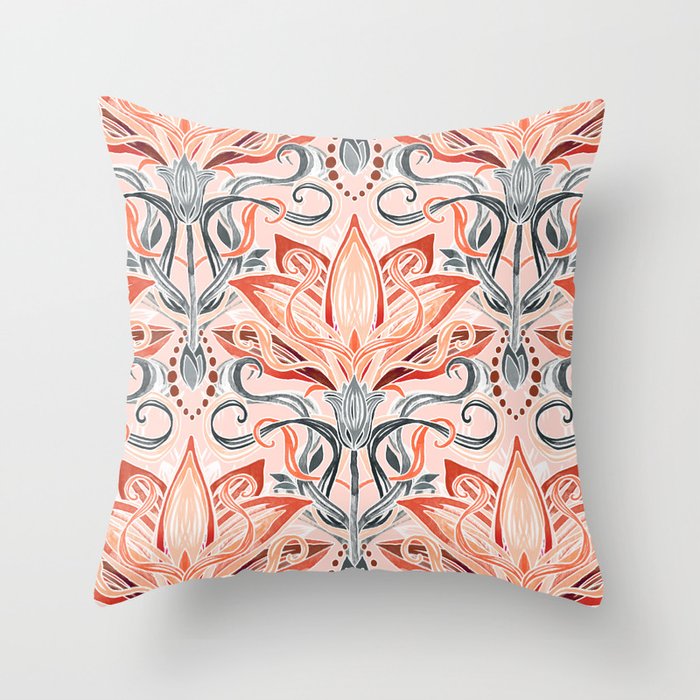 Coral and Grey Watercolor Art Nouveau Aloe Throw Pillow