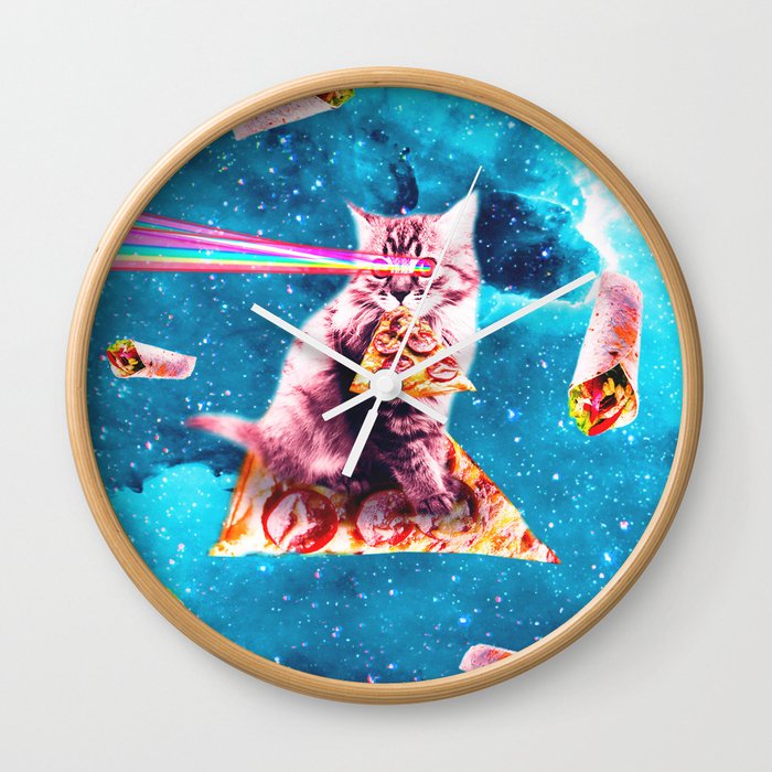 Space Cat Eating Pizza - Rainbow Laser Eyes, Burrito Wall Clock
