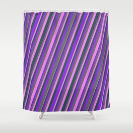 [ Thumbnail: Purple, Dim Grey, Violet, and Dark Slate Gray Colored Lines/Stripes Pattern Shower Curtain ]
