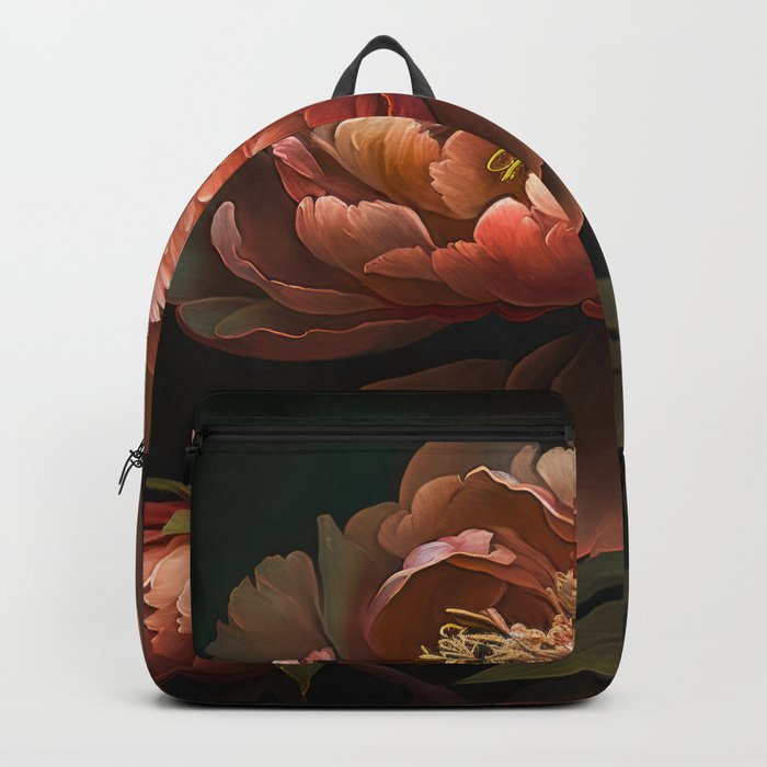 Fine art Oil Painterly Floral peony Dark coral Background Backpack