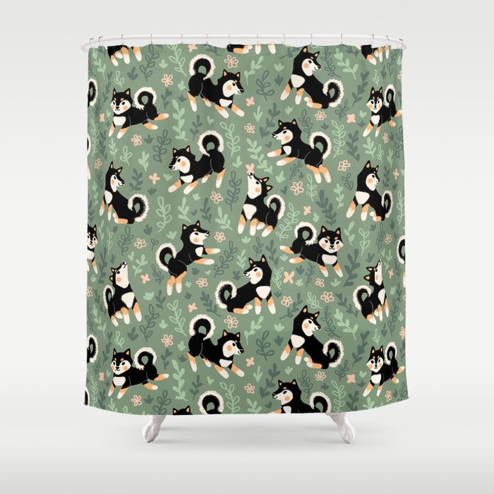 Playful Black And Tan Shiba Inu Pattern Shower Curtain