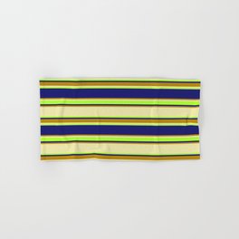 [ Thumbnail: Pale Goldenrod, Light Green, Midnight Blue & Dark Goldenrod Colored Lined/Striped Pattern Hand & Bath Towel ]