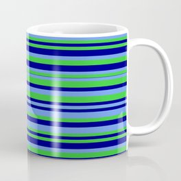 [ Thumbnail: Cornflower Blue, Lime Green, and Blue Colored Striped/Lined Pattern Coffee Mug ]