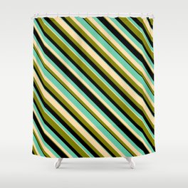 [ Thumbnail: Aquamarine, Tan, Green, and Black Colored Striped Pattern Shower Curtain ]