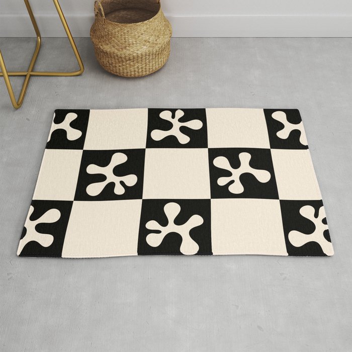 Thing Dance Mid Mod Minimalist Check Abstract Pattern in Black and Almond Cream Rug