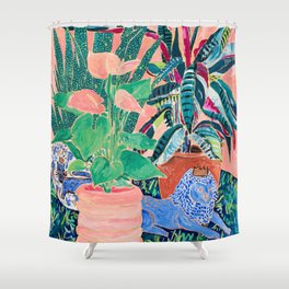Jungle of House Plants Blush Still Life Painting with Blue Lion Figurine Shower Curtain