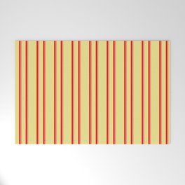 [ Thumbnail: Tan, Red, and Dark Salmon Colored Pattern of Stripes Welcome Mat ]
