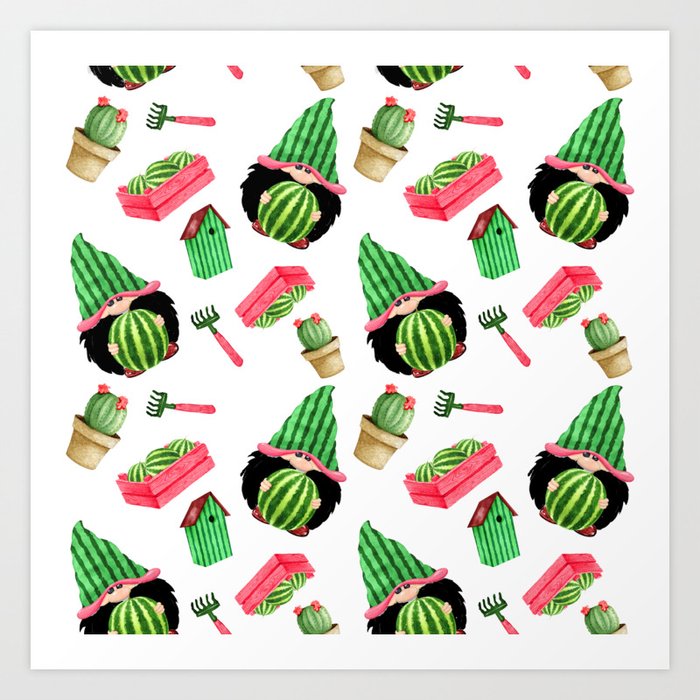 Watermelon and Gnomes Gardening Pattern Art Print
