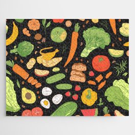 Seamless pattern with dietary food, wholesome grocery products, natural organic fruits, berries and vegetables on black background. Hand drawn realistic vintage illustration Jigsaw Puzzle