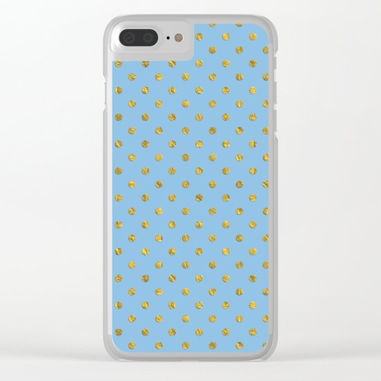 Gold polkadots on sky blue background Clear iPhone Case