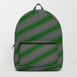 [ Thumbnail: Dim Grey and Dark Green Colored Stripes Pattern Backpack ]
