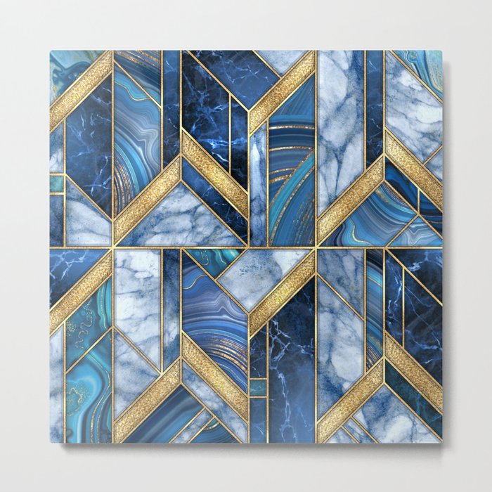 Art Deco Gold + Midnight Blue Marble Abstract Geometry Metal Print