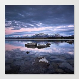 New Zealand Photography - Stones In The Water Under The Cloudy Pink Sky Canvas Print